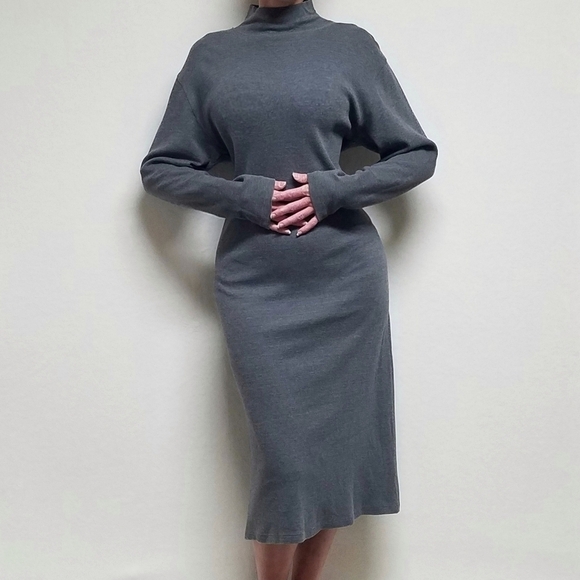 RARE Vintage 90s J. Crew Grey Cotton Mock Neck Long Sleeve Midi Sweater Dress L - Picture 2 of 13